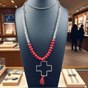 Boho Red Beaded Cross Pendant Necklace Long Crystal Chain Gold Tone Tassel‎